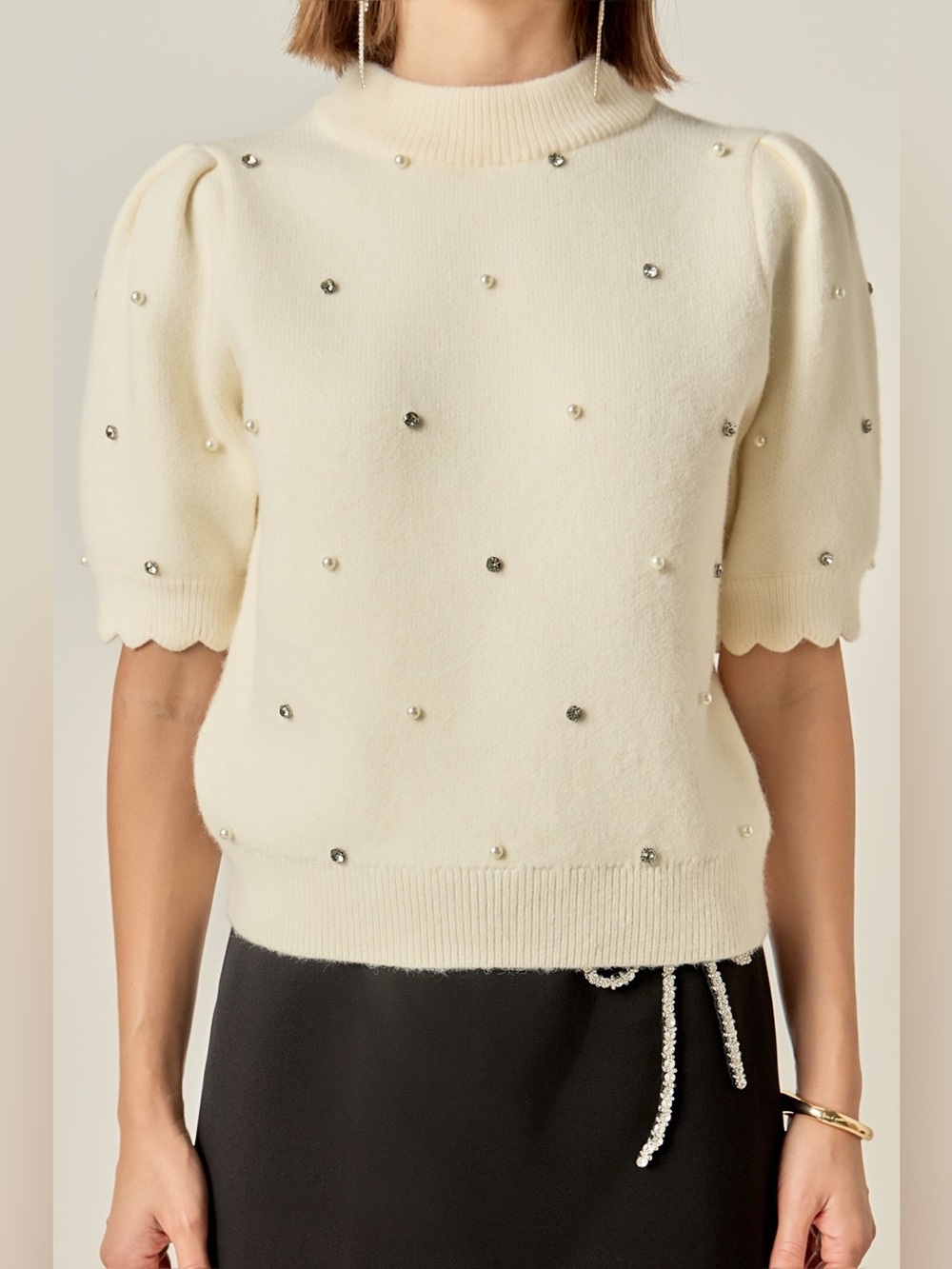 English Factory Cream Pearl Rhinestone Puff Sleeve Sweater Size Medium Mock Neck